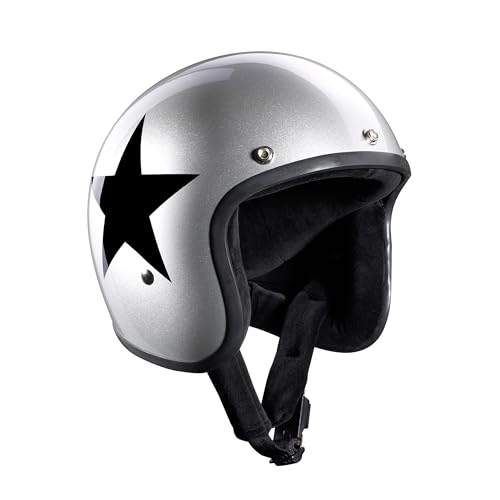 BANDIT Open Motorcycle Helmet Jet Star Silver Gloss Custom Biker Style Visor Included Silver Gloss Star Open Helmet Stars (XXL)