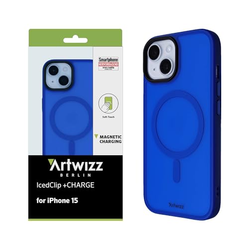 Artwizz IcedClip +Charge Hülle kompatibel mit iPhone 15 - Mattes Vereistes Design, Rückseite mit Soft-Touch-Beschichtung, Stoßfeste Schutzhülle, Kings-Blue