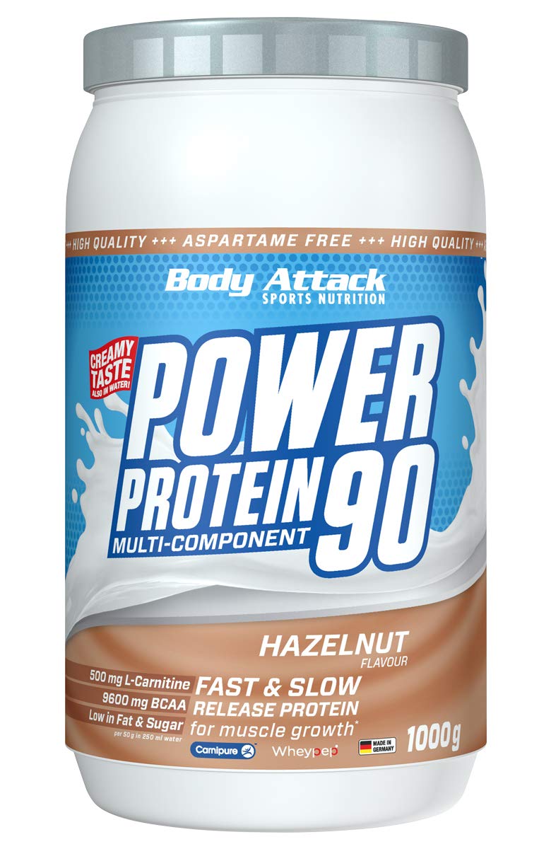 Body Attack POWER PROTEIN 90 - Hazelnut - 1kg Dose - Mehrkomponenten Protein Pulver, Made in Germany - Mit BCAA, Vitaminen & L-Carnitin - Protein Shake extra cremiger Geschmack, gute Löslichkeit