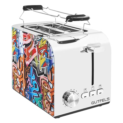 Gutfels TOAST 3010 G | 2-Scheiben Graffiti-Style Toaster| 7 Leistungsstufen | abnehmbarer Brötchenaufsatz | 850 Watt | Auftau-, Aufwärm-, Stoppfunktion | elektr. Bräunungskontrolle | Krümelschublade