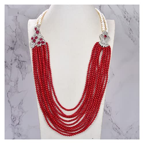 Schmuck 10 Reihen natürliche weiße Perlen-runde rote Korallen-Blumen-Halsketten-Dame Jewelry erfüllen FUEzRgLdI