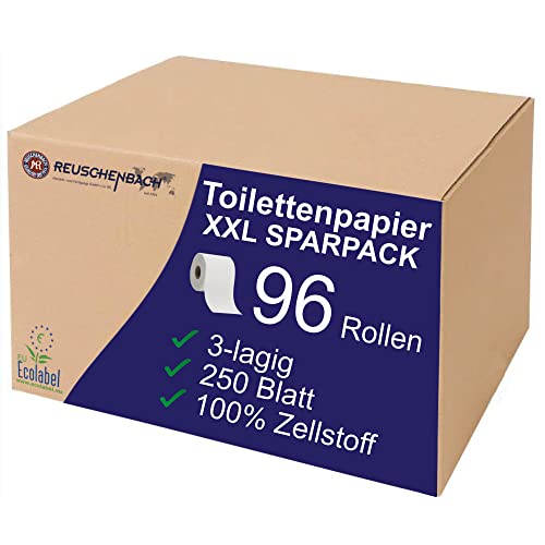 Reuschenbach Toilettenpapier Sparpack XXL, 96 Rollen, WC-Papier 3lagig , Klopapier aus Zellstoff, 250 Blatt je Rolle