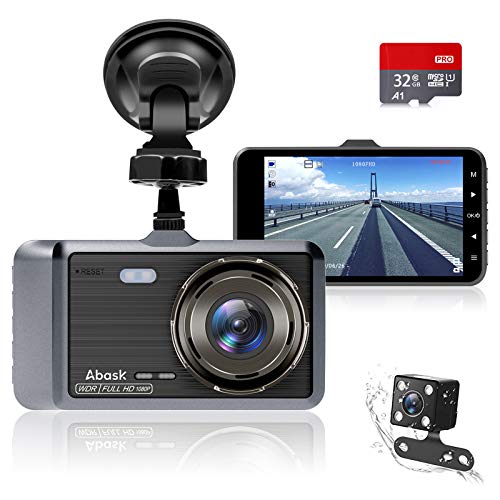 Abask Q40S Dashcam Auto Vorne und Hinten Autokamera 1080P mit 32 GB SD-Karte, 4 Zoll, 170 ° Weitwinkel, Nachtsicht, G-Sensor, WDR, Loop-Aufnahm, Parküberwachung und Bewegungserkennung