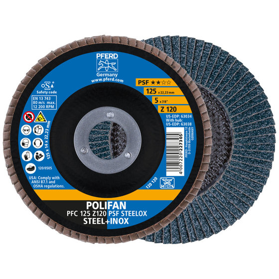 PFERD - POLIFAN Fächerscheibe PFC 125x22,23 mm konisch Z120 Uni.-Linie PSF STEELOX Stahl/Edelstahl (10)