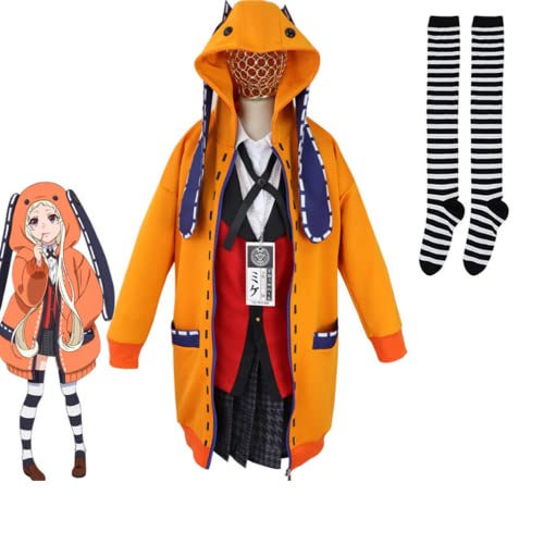 Bokerom Anime Cosplay Kakegurui Jabami Yumeko Uniform Kostüm für Mädchen Frauen, Langes Ohr Kaninchen Orange Mantel Hoodies mit Socken für Halloween Karneval Weihnachtsfeier (Red,S)