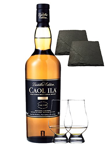 Caol Ila Distillers Edition Moscatel Cask Finish 0,7 Liter + 2 Glencairn Gläser + 2 Schieferuntersetzer quadratisch 9,5 cm
