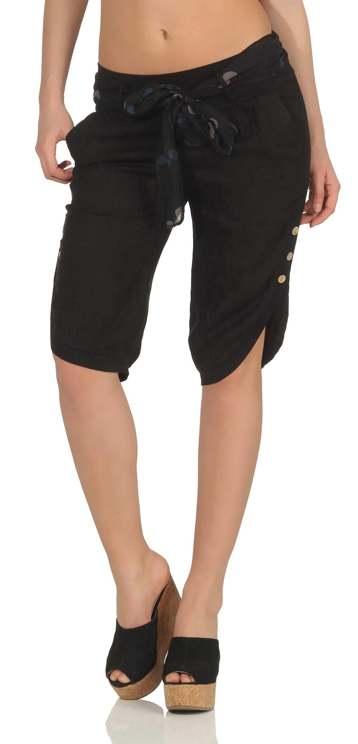 Malito Damen Kurze Hose aus Leinen | Caprihose in Unifarben | feine Freizeithose mit Gürtel | Stoffhose - Chino 8186 (schwarz, XL)