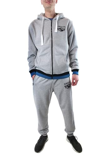 BISOMO Simson Jogginganzug Jacke mit Zipper, Tasche + Kapuze, Hose mit Reißverschluss-Taschen, Grau mit farbigem Bund + Logo (XXL)