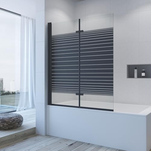AQUABATOS Duschwand Badewanne schwarz ohne bohren 120 x 140 cm Badewannenaufsatz 2 Teilig faltbar Duschtrennwand Faltwand Glas Badewannenfaltwand Dusche 5 mm ESG Klarglas Nano Beleuchtung