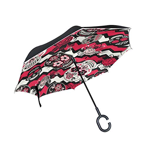 hengpai Regenschirm mit Totenkopf, Flora, umgekehrt, umgekehrt, für Autos, Unigue, winddicht, UV-beständig, doppellagig