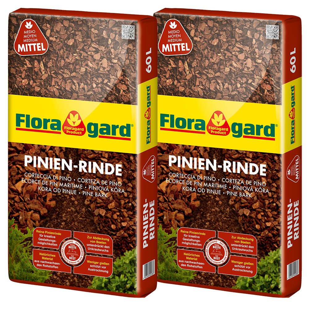 Floragard Mulch Pinienrinde 15-25 mm 2x60 L • mittel • dekorativer Bodenbelag • unterdrückt Unkrautwuchs • naturbelassen • für mediterranes Flair • 120 L