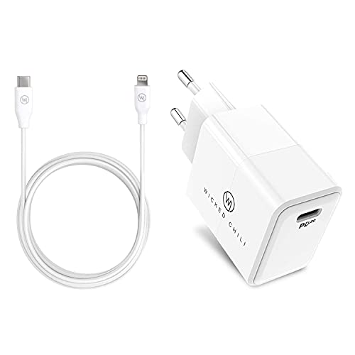 Wicked Chili 20W Netzteil mit Lightning auf USB C Kabel kompatibel mit iPhone 13, 12, 11, SE 2020, XR, X, 8 und geeignet für iPad 2021-20W USB-C Power Adapter mit USB‑C auf Lightning Kabel (1m)