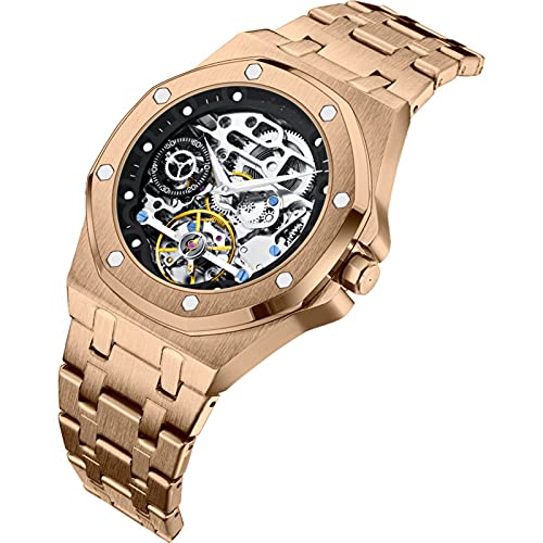 JMSL Herrenuhren, Automatik, Armbanduhr mit Armband aus Edelstahl, Skelett-Uhren aus Glas, mechanisch, Zifferblatt, wasserdicht, goldfarben