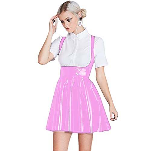 Shiny PVC Leather Lady Bodycon Pleated Dress Women,Pink,XXL