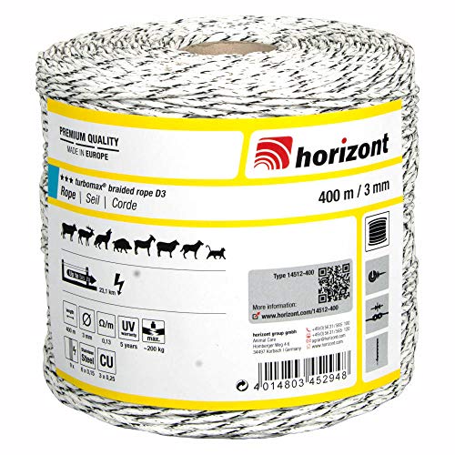 horizont Weidezaunseil turbomax® braided rope, 400m lang, 3mm breit, 200 kg Bruchlast, für lange bis sehr lange Zäune mit starkem Bewuchs, Weidezaunband, Breitband Litze, Elektrozaun