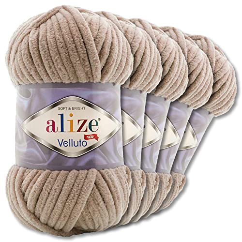 Wohnkult Alize 5x100 g Velluto Premium Wolle 30 Auswahl Chenillegarn Samtwolle Amigurumi Decken Accessore Kleidung DIY (530 | Beige)