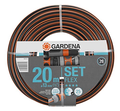 Gardena Comfort Flex Schlauch mit Systemteilen Formstabiler, Flexibler Gartenschlauch mit Power-Grip-Profil, Spiralgewebe, 25 bar Berstdruck, 13 mm, 1/2 Zoll, 20 m