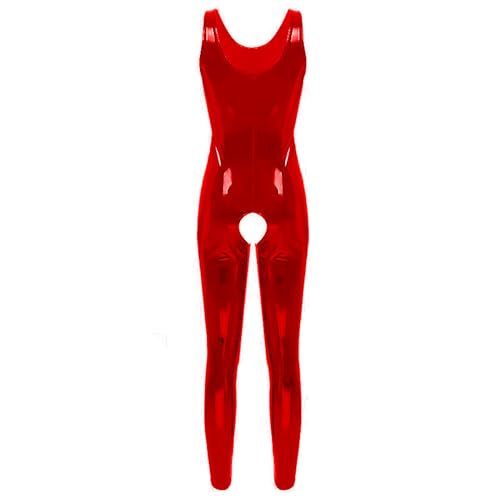 Damen Metallic Catsuit Bodysuit - Glänzender Einteiler Jumpsuit, PU-Leder ärmellos, Rot, 3`XL