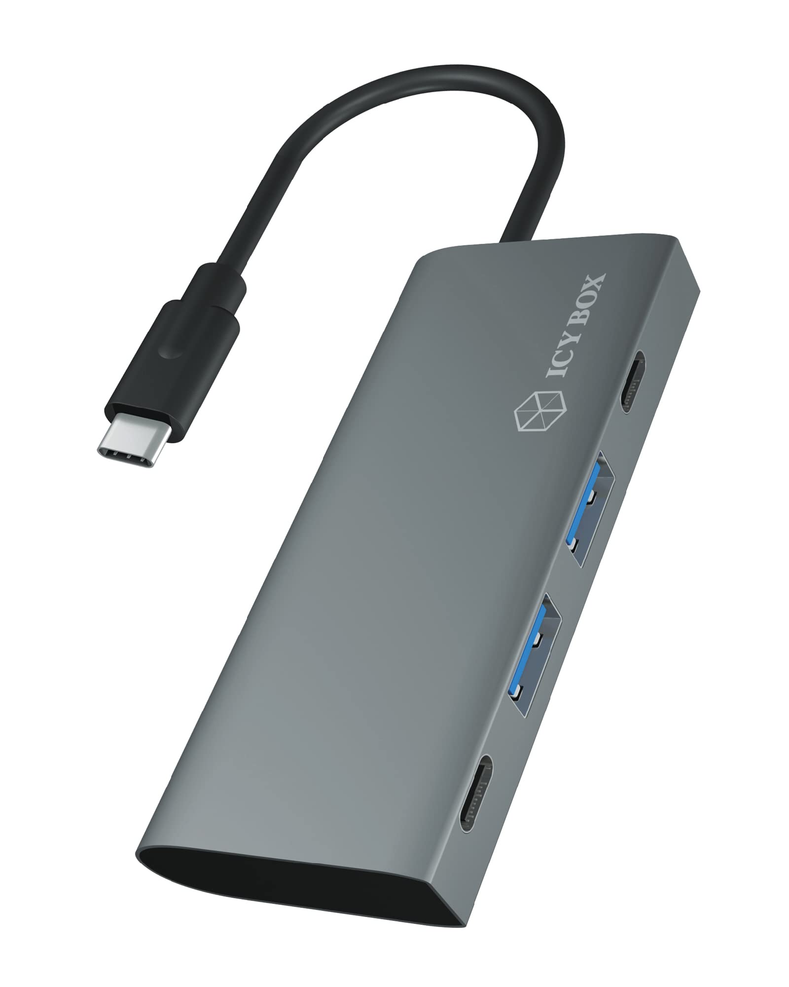 ICY BOX USB Hub 3.1 Gen 2 mit 4 USB Ports, USB 3.1 Gen2 10 Gbit/s, USB-C Verbindung, integriertes Kabel, Anthrazit, Aluminium, IB-HUB1428-C31