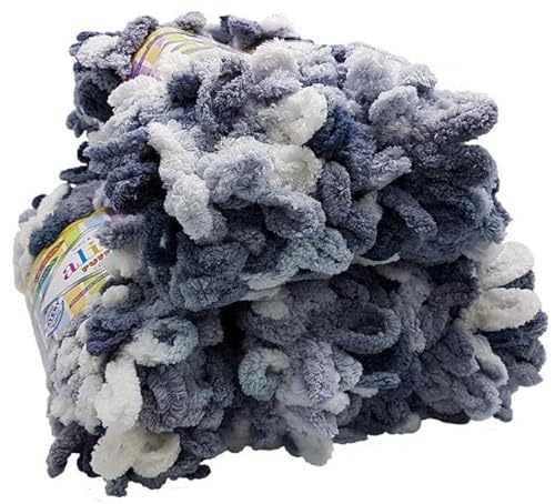 5 x 100 Gramm Strickwolle Alize Puffy Color, 500 Gramm Fingerstrick - Wolle mehrfarbig super bulky, Schlaufenwolle, Stricken ohne Nadel (grau weiss 5925)