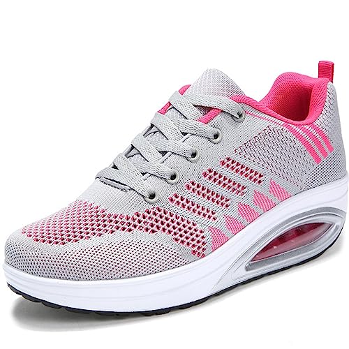 Solshine Damen Fashion Plateau Schnürer Sneakers Dämpfung Keilabsatz Fitnessschuhe 016 Grau5 41EU