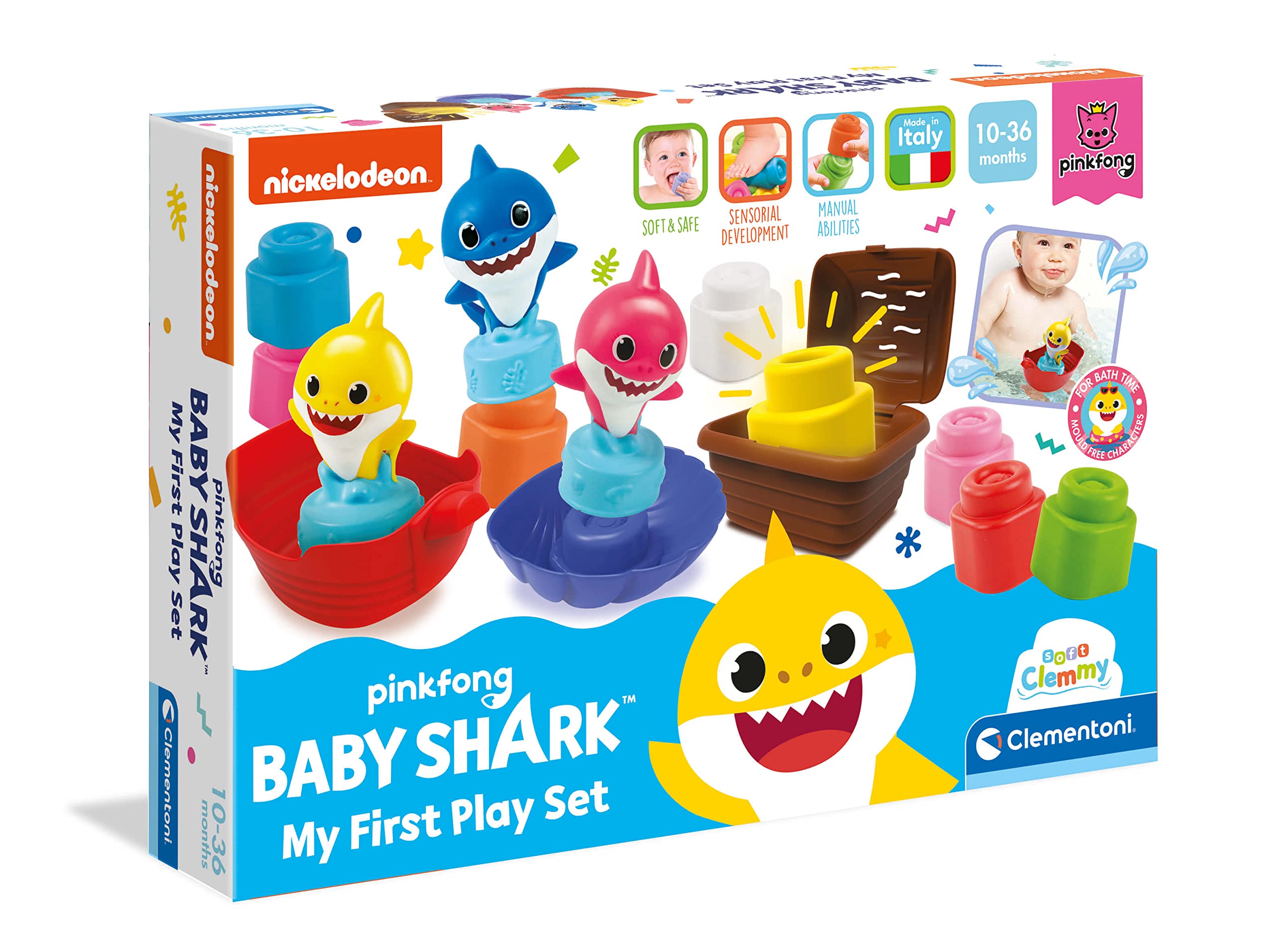 Clementoni 17426 Soft Clemmy Baby-Shark Spielset mit weichen Bausteinen, 10 Monate +, Mehrfarbig, Einheitsgröße