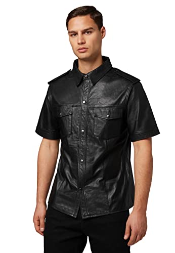 RICANO Mens Shirt - Herren Kurzarm-Lederhemd aus echtem Lamm Nappa Leder in schwarz (4XL)
