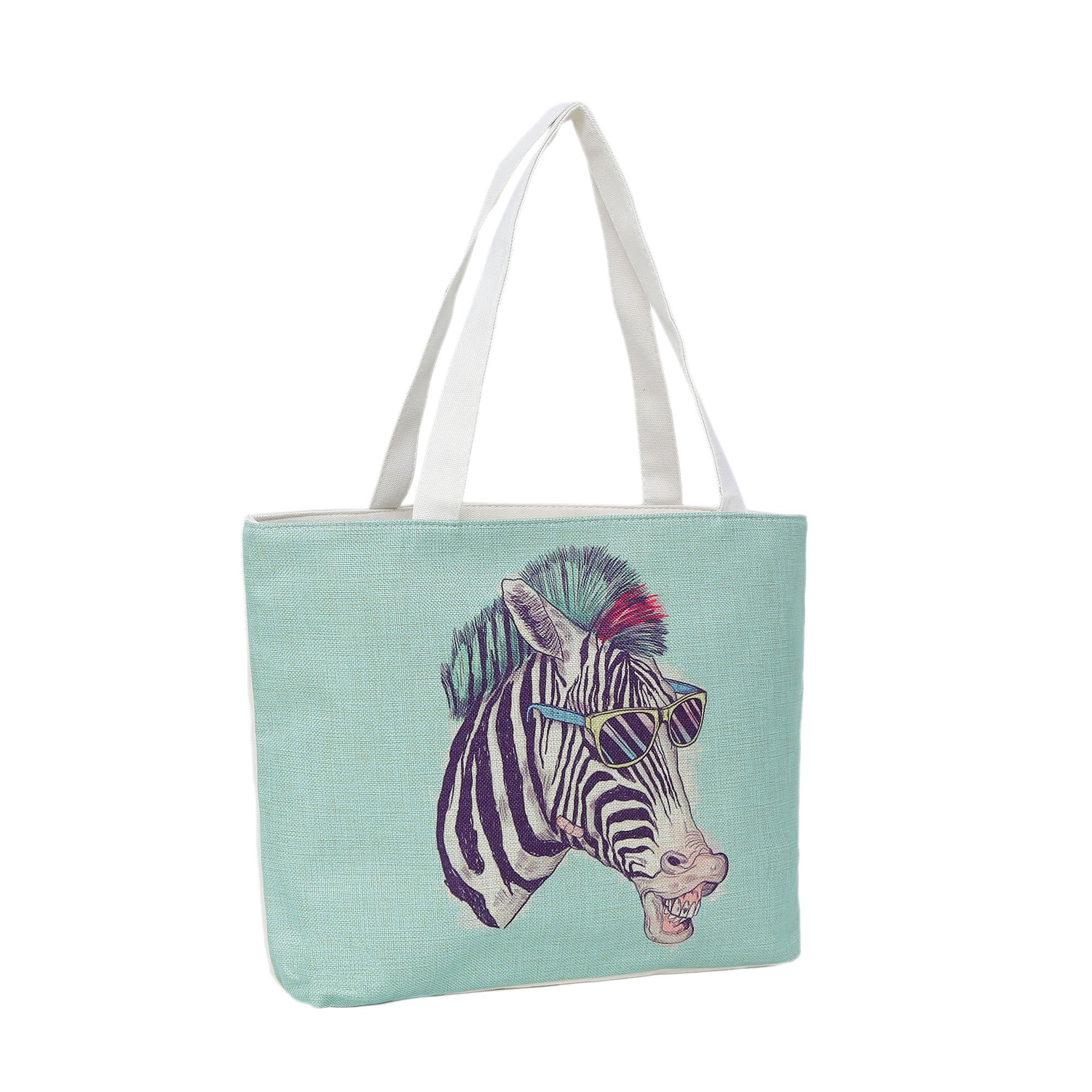 DonDon Strandtasche 46 x 32 x 10 cm Motiv Funky Zebra mintfarben-Jute Shopper Schultertasche Vintage Stil