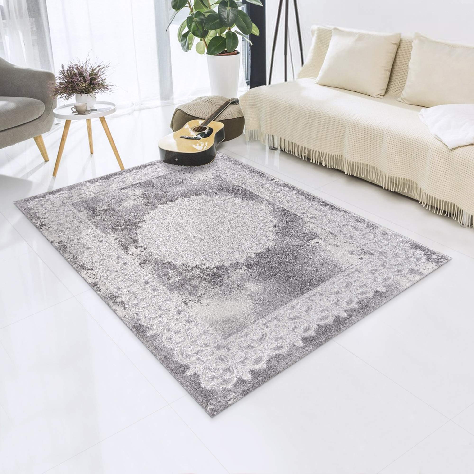 Impression Teppich Wohnzimmer Deko - Kurzflor Teppich im Vintagelook Öko-Tex zertifizierter - Hellgrau-traditionell - Größe 120x160
