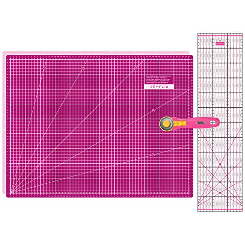 SEMPLIX Schneidematten Set - Schneideunterlage 60 x 45 cm (A2), Rollschneider Maxi 45 mm, Patchwork Lineal 60x15 cm (pink/Beere)