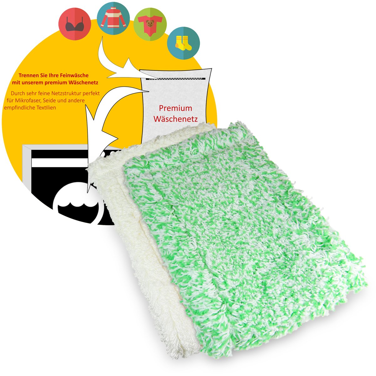 Jemako Bodentuch Set grüne Faser lang und weiss kurze Faser 42cm für glatte und glänzende Böden sowie Kunststoffböden inkl. Wäschenetz