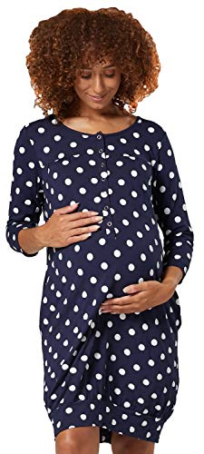 HAPPY MAMA Damen Mutterschaft Krankenhaus-Kleid Gedruckt Nachthemd 1078 (Marinenblau mit Punkten, EU 42/44, XL)