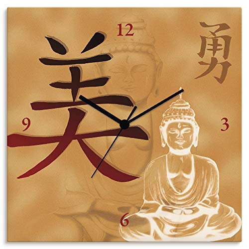 Artland Wanduhr ohne Tickgeräusche Leinwanduhr Quarzuhr lautlos Quadratisch 30x30 cm Design Asien Buddhismus Religion Buddha Braun T5EG