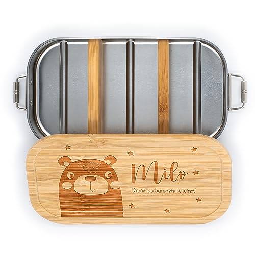 Kidsmood personalisierte Brotdose | Individuelle Edelstahl Lunchbox mit Bambusdeckel | Geschenk für Kinder mit niedlichem Tier-Motiv und Wunschnamen [1100 ml.]