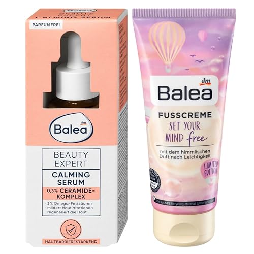 Balea 2er-Set Gesichts- & Handpflege: Beauty Expert CALMING SERUM mit Ceramiden (30 ml) + Balea Handcreme SET YOUR MIND free mit himmlischem Duft nach Leichtigkeit (100 ml), 130 ml
