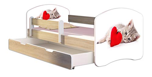Kinderbett Jugendbett mit einer Schublade und Matratze Sonoma mit Rausfallschutz Lattenrost ACMA II 140x70 160x80 180x80 (40 Katze mit Herz, 160x80 + Bettkasten)