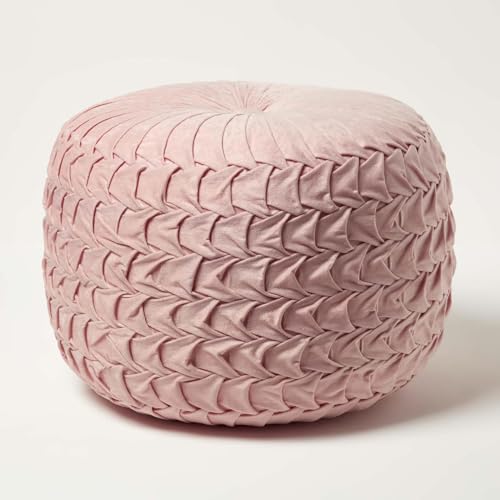 Homescapes Grace Plissee-Hocker geflochten Altrosa 50x35 cm, Samt-Pouf rosa, Sitzpouf rund mit Sitzsack-Füllung