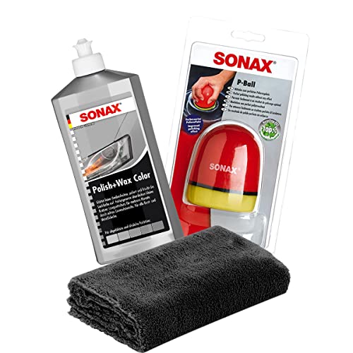 detailmate SONAX Hand Polier Set: SONAX Polish+Wax Color Silber/grau 500ml Politur + SONAX P-Ball ergonomischer Polier Ball Edgeless Superflausch Mikrofaser Poliertuch 40x40cm, 550GSM