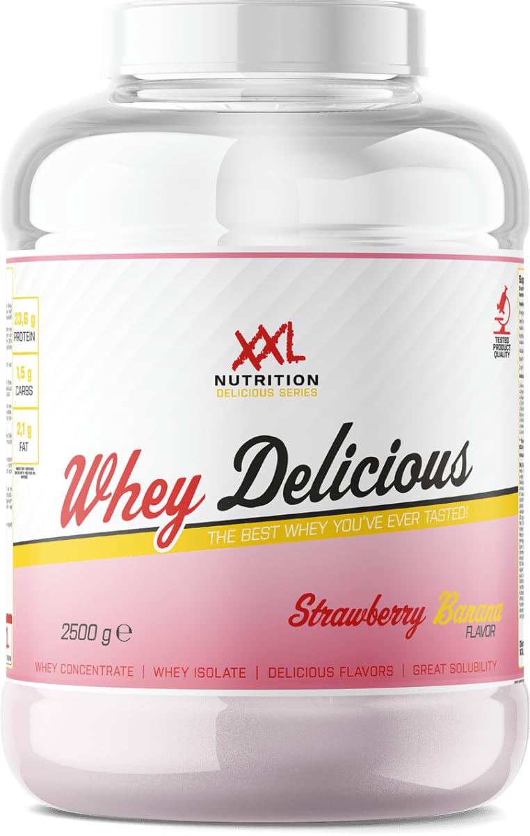 XXL Nutrition - Whey Delicious Protein Pulver - Leckerste Shake - Eiweiss Pulver, Whey Protein Isolat & Konzentrat - Hohe Qualität - 78,5% Proteingehalt - Erdbeere - 2500 Gramm