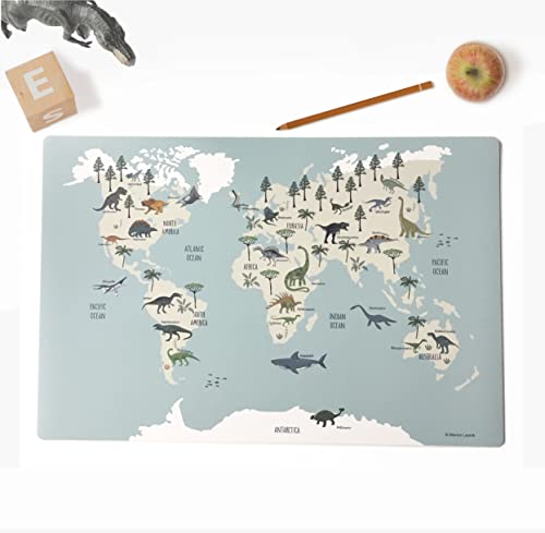 Schreibtischunterlage für Kinder – “Dinosaurier Weltkarte“ – aus premium Vinyl (Kunststoff -BPA frei) – 60 x 40 cm – Made in Germany
