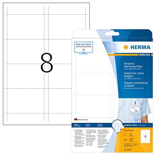 HERMA 9012 Namensschilder für Kleidung DIN A4, 32er Set (90 x 60 mm, 800 Blatt, Karton) perforiert, bedruckbar, nicht klebende Einsteckkarten, 6.400 Einsteckschilder, weiß