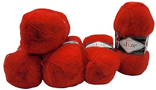 5 x 100 Gramm Alize Merino Classic Strickwolle, 500 Gramm Strickgarn einfarbig mit 25% Mohair Wolle (rot 56)