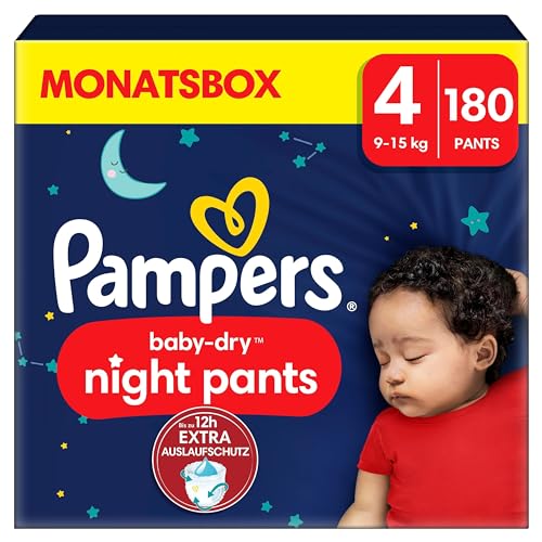 Pampers Night Windeln Pants Größe 4 (9kg-15kg) Baby-Dry, MONATSBOX, 180 Höschenwindeln, Windelhöschen bieten zusätzlichen Schutz für die ganze Nacht