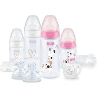 NUK First Choice+ Perfect Start Babyflaschen Set | Erstausstattung mit 4 Babyflaschen, Flaschenbürste & mehr | mit Temperature Control | Anti-kolic | BPA-frei | 0-6 Monate | pink/weiß