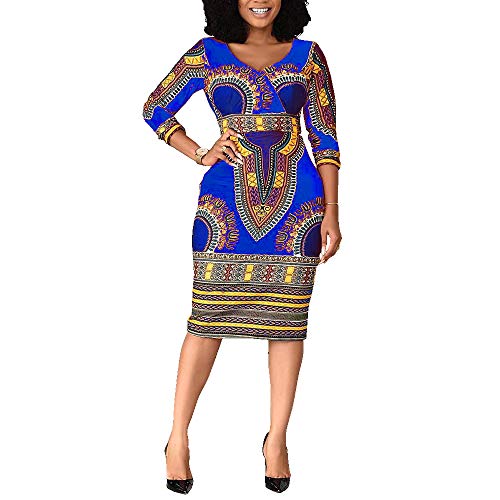 VERWIN Mid-Calf V-Ausschnitt Dreiviertel-Aermel Print Damen Bodycon Kleid Afrikanisches Midikleid Blau XXL
