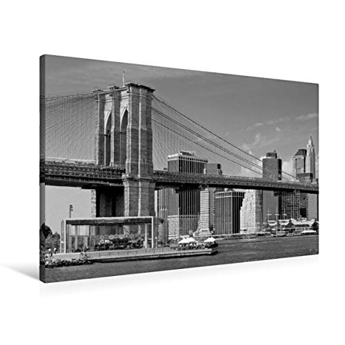 CALVENDO Premium Textil-Leinwand 90 cm x 60 cm quer, Brooklyn Bridge Monochrom | Wandbild, Bild auf Keilrahmen, Fertigbild auf echter Leinwand, Leinwanddruck: Manhattan Skyline Orte Orte
