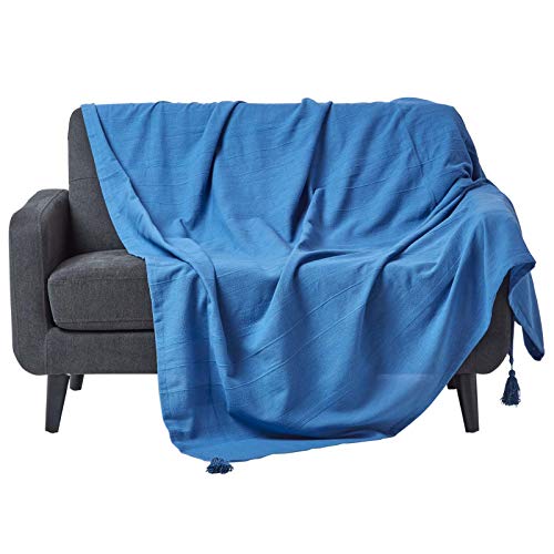 Homescapes extra große Tagesdecke Rajput, blau, Wohndecke aus 100% Baumwolle, 255 x 360 cm, Sofaüberwurf/Couchüberwurf in RIPP-Optik