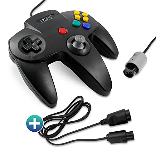 Eaxus® Controller geeignet für N64 + 1,8m Verlängerungskabel - Gamepad kompatibel mit Nintendo 64 Konsole, Schwarz