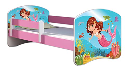 Kinderbett Jugendbett mit einer Schublade und Matratze Rausfallschutz Rosa 70 x 140 80 x 160 80 x 180 ACMA II (09 Meerjungfrau, 80 x 160 cm)