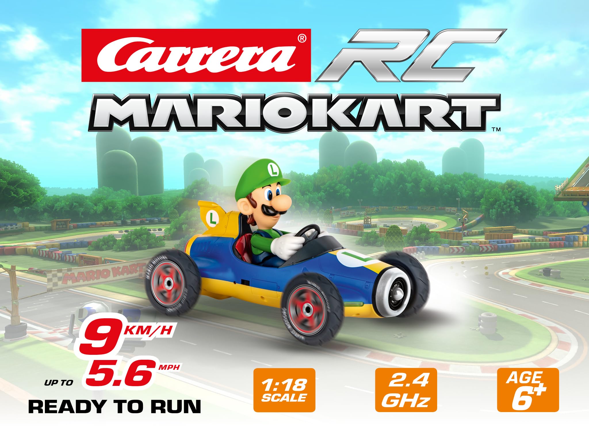 Carrera RC Nintendo Mario Kart Mach 8 mit Luigi I ferngesteuertes Auto ab 6 Jahren für drinnen & draußen I Mini Mario Kart mit Fernbedienung zum Mitnehmen I Spielzeug für Kinder & Erwachsene